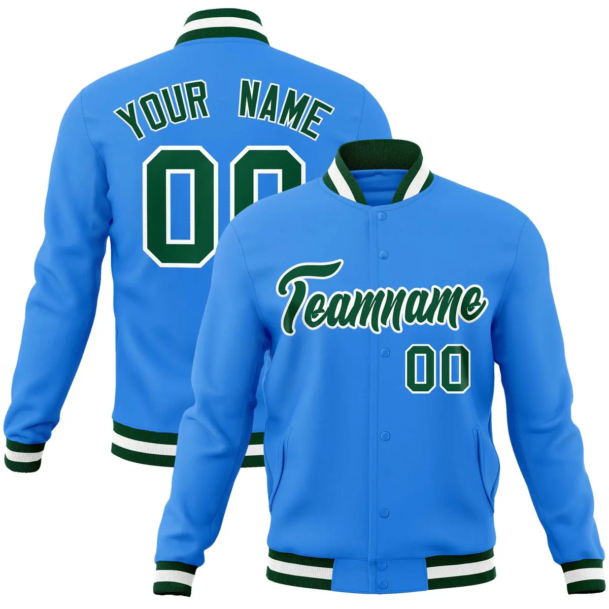 Powder Blue Green-White Varsity Full-Snap Letterman Jacket