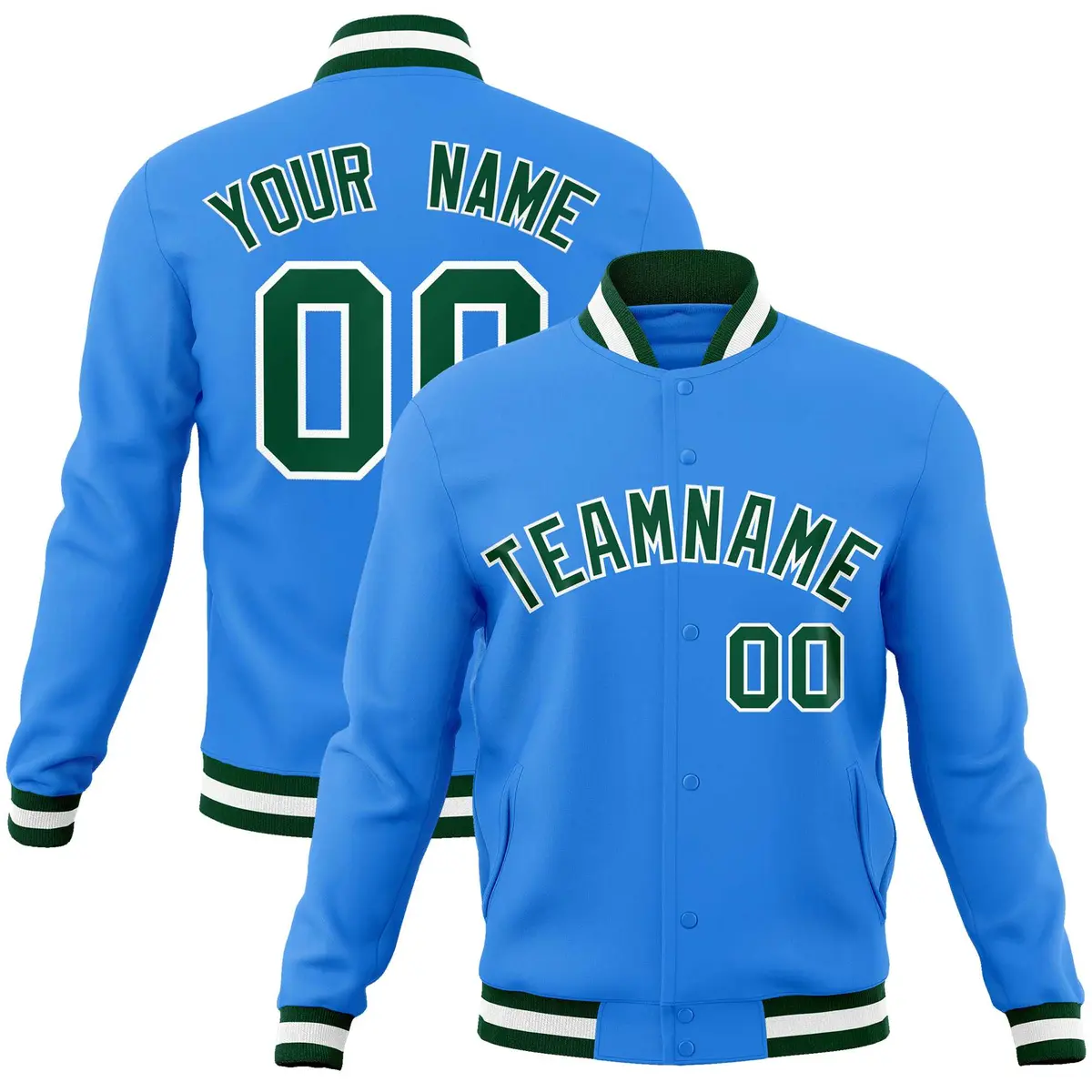 Powder Blue Green-White Varsity Full-Snap Letterman Jacket