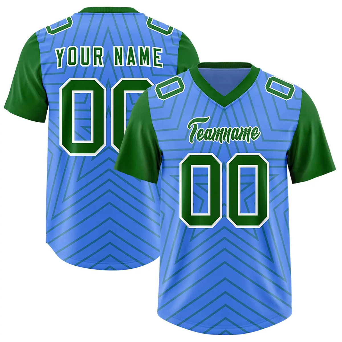 Powder Blue Kelly Green Star Pattern Raglan Sleeves Football Jersey