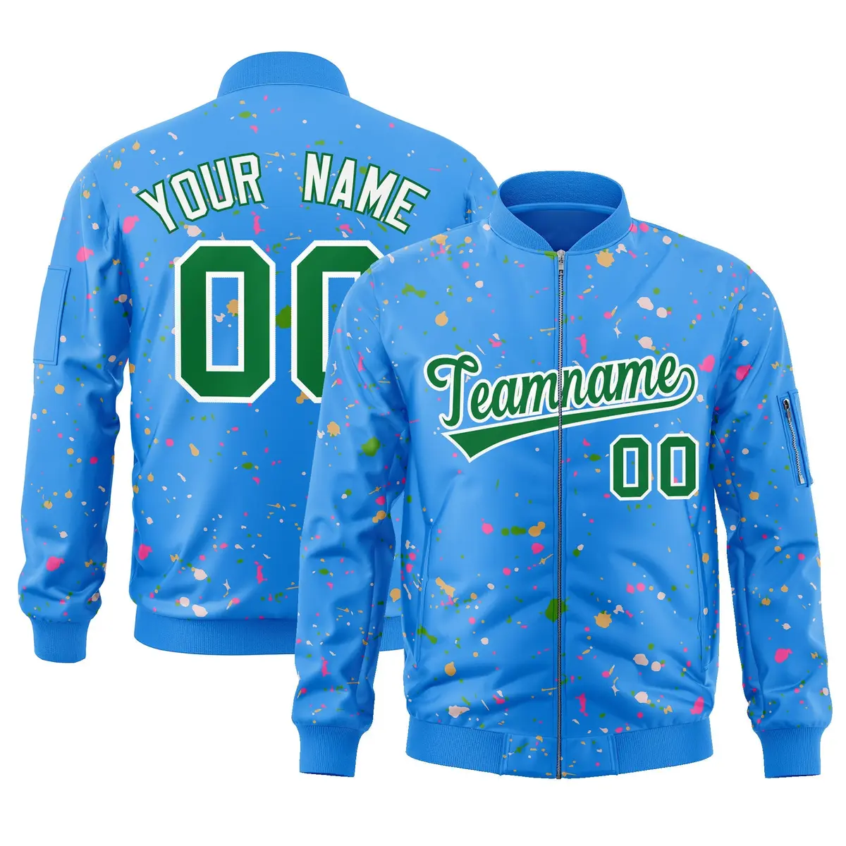 Powder Blue Kelly Green-White Splash Graffiti Varsity Full-Zip Letterman Jacket