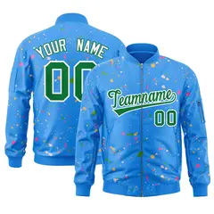 Powder Blue Kelly Green-White Splash Graffiti Varsity Full-Zip Letterman Jacket 1