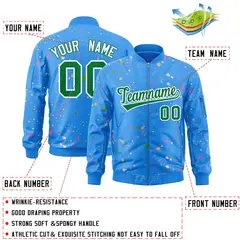 Powder Blue Kelly Green-White Splash Graffiti Varsity Full-Zip Letterman Jacket 2