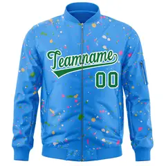 Powder Blue Kelly Green-White Splash Graffiti Varsity Full-Zip Letterman Jacket 3
