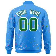 Powder Blue Kelly Green-White Splash Graffiti Varsity Full-Zip Letterman Jacket 4