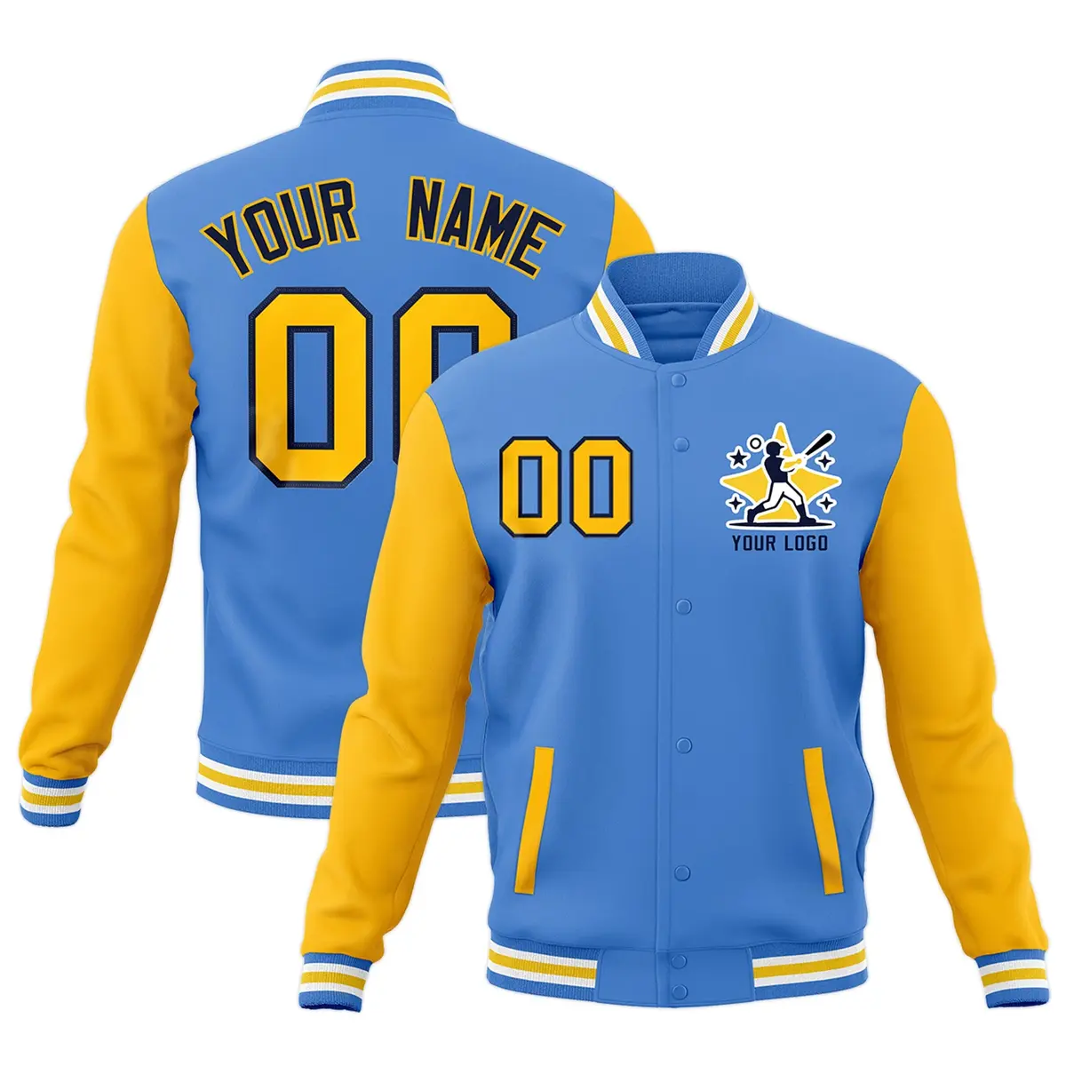 Powder Blue Light Blue White Raglan Sleeves Full-Snap Letterman Cotton Jacket