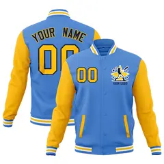 Powder Blue Light Blue White Raglan Sleeves Full-Snap Letterman Cotton Jacket 1