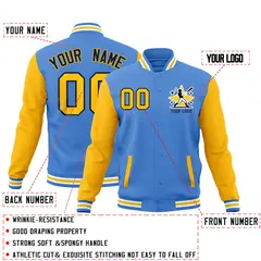 Powder Blue Light Blue White Raglan Sleeves Full-Snap Letterman Cotton Jacket 2