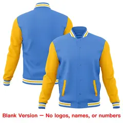 Powder Blue Light Blue White Raglan Sleeves Full-Snap Letterman Cotton Jacket 6