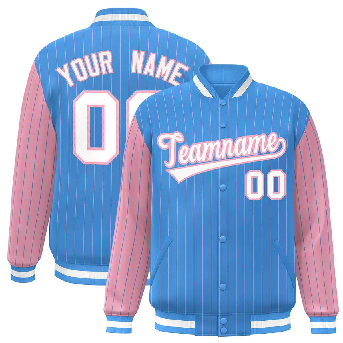 Powder Blue Light Pink Pinstripe Raglan Varsity Letterman Baseball Jacket