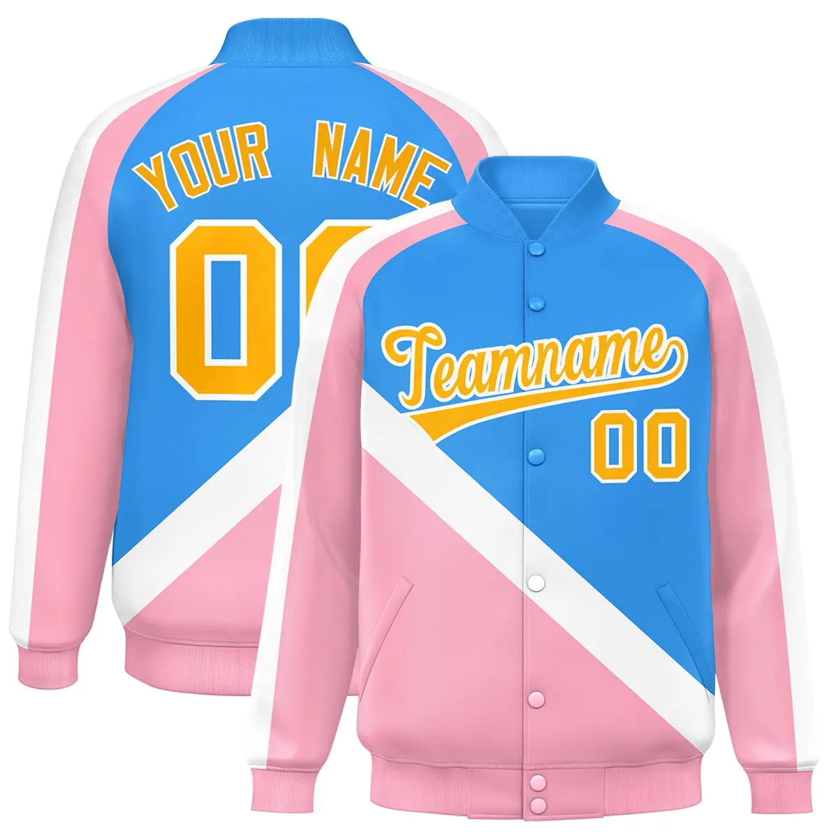 Powder Blue Light Pink Raglan Full-Snap Letterman Baseball Jacket
