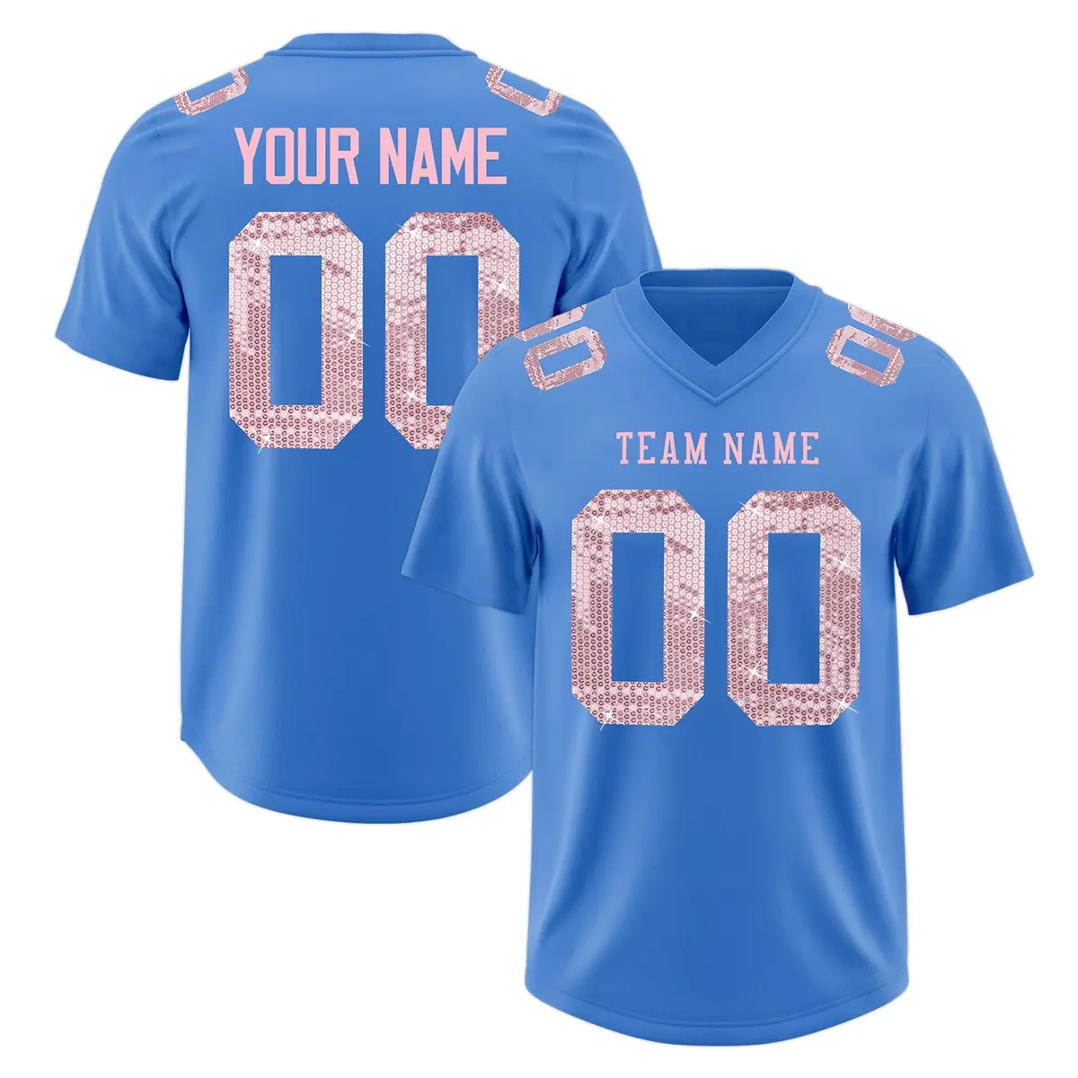 Powder Blue Light Pink Sequin Lettering Football Jersey