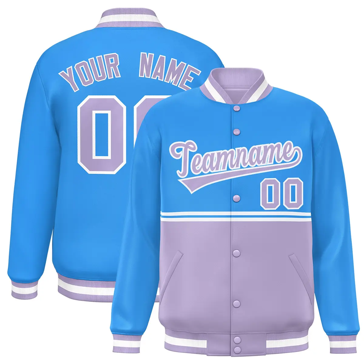 Powder Blue Light Purple Color Block Varsity Full-Snap Letterman Jacket