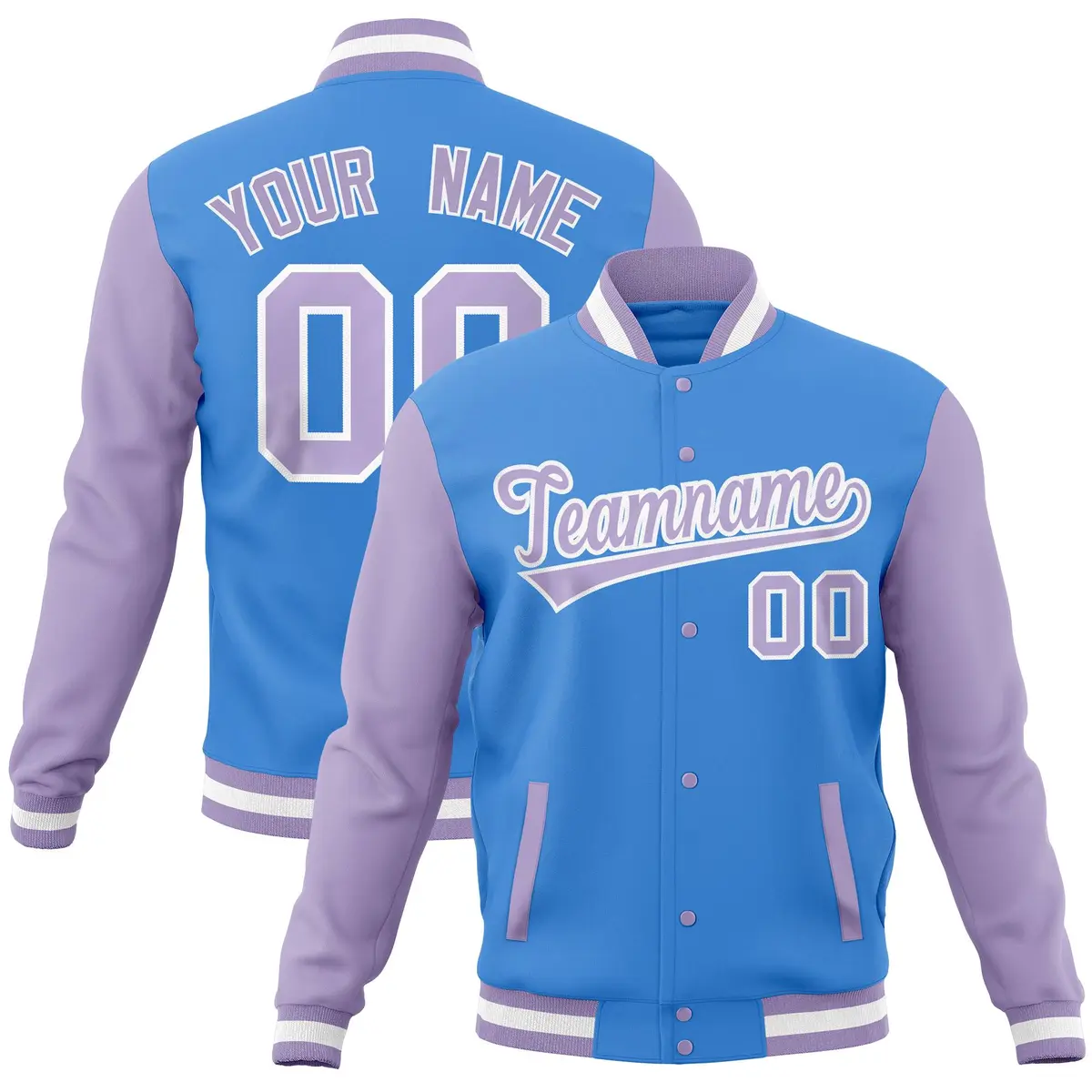 Powder Blue Light Purple Raglan Full-Snap Varsity Letterman Baseball Jacket