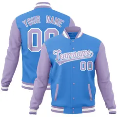 Powder Blue Light Purple Raglan Full-Snap Varsity Letterman Baseball Jacket 1
