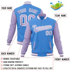 Powder Blue Light Purple Raglan Full-Snap Varsity Letterman Baseball Jacket 4