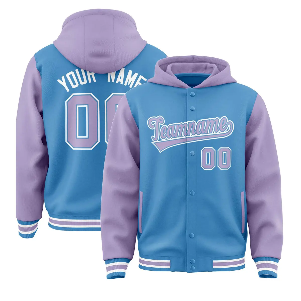 Powder Blue Light Purple Raglan Varsity Full-Snap Letterman Jacket Hoodie