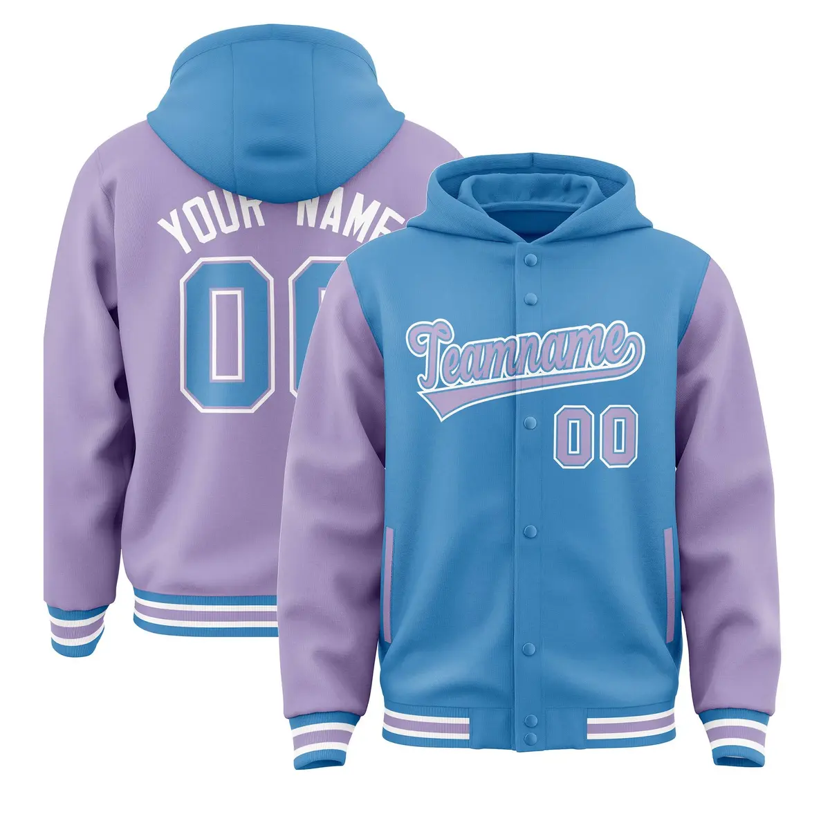 Powder Blue Light Purple Raglan Varsity Full-Snap Letterman Jacket Hoodie