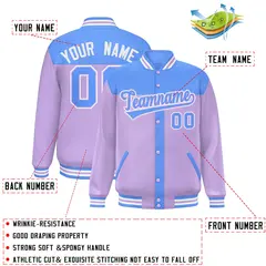 Powder Blue Light Purple Varsity Baseball Color Block Bomber Jacket 2