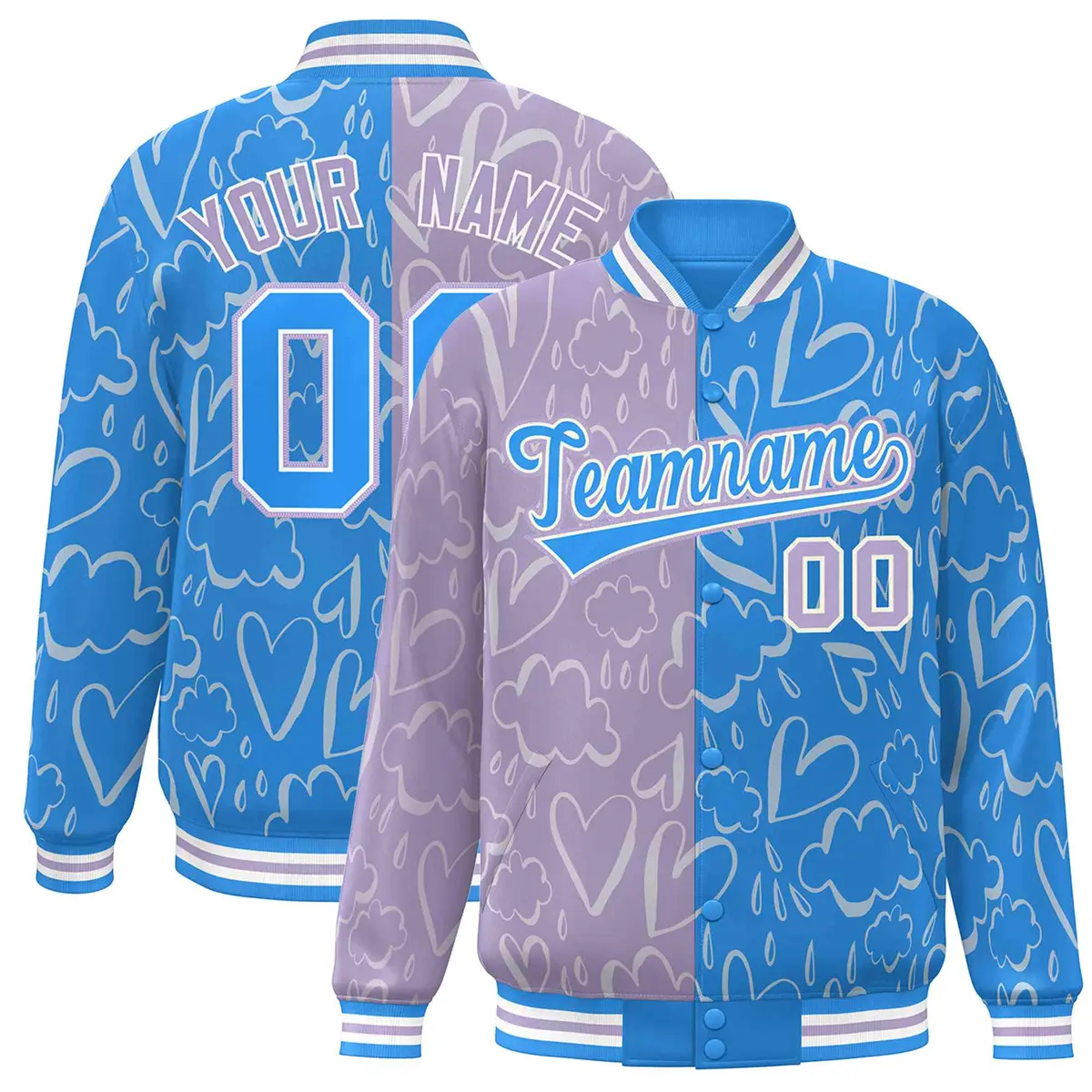 Powder Blue Lt Purple Graffiti Pattern Split Letterman Bomber Baseball Jacket
