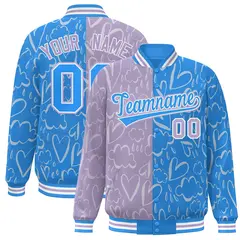 Powder Blue Lt Purple Graffiti Pattern Split Letterman Bomber Baseball Jacket