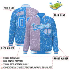 Powder Blue Lt Purple Graffiti Pattern Split Letterman Bomber Baseball Jacket 2