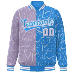 Powder Blue Lt Purple Graffiti Pattern Split Letterman Bomber Baseball Jacket 3