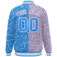 Powder Blue Lt Purple Graffiti Pattern Split Letterman Bomber Baseball Jacket 4
