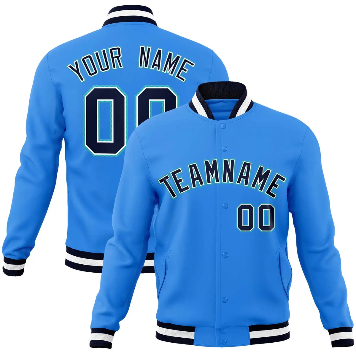 Powder Blue Navy-Aqua Varsity Full-Snap Letterman Jacket