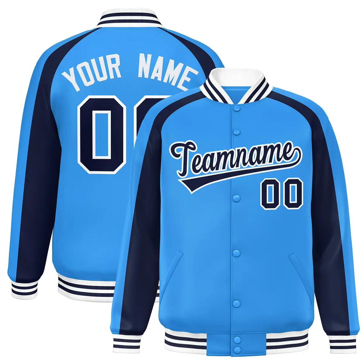 Powder Blue Navy Color Block Raglan Full-Snap Varsity Letterman Jacket