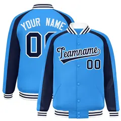Powder Blue Navy Color Block Raglan Full-Snap Varsity Letterman Jacket