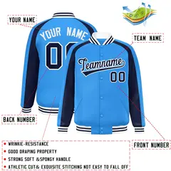 Powder Blue Navy Color Block Raglan Full-Snap Varsity Letterman Jacket 2