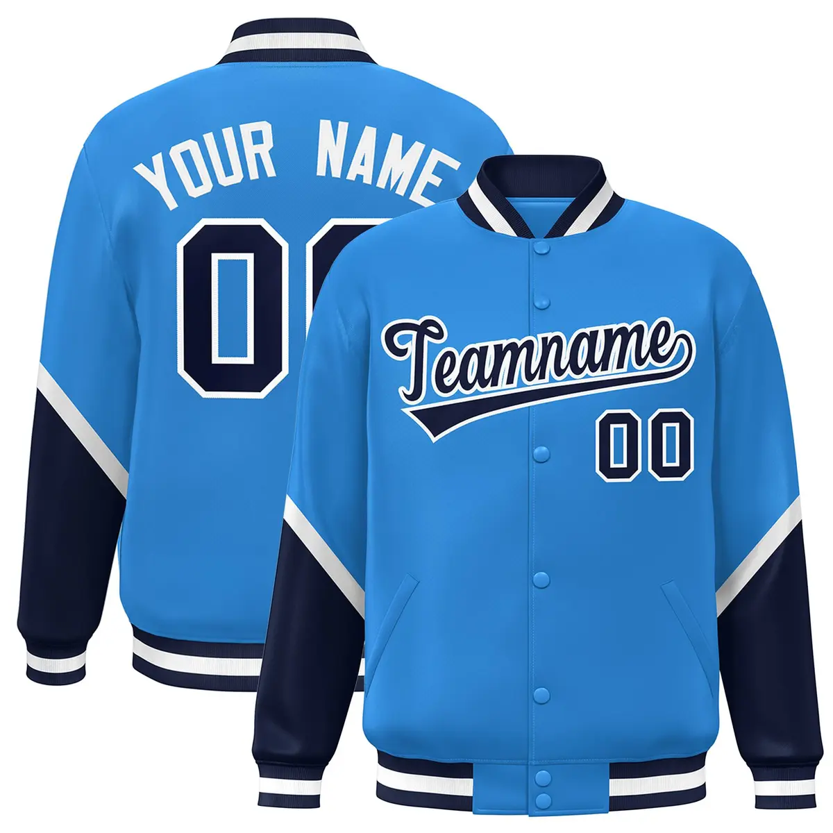 Powder Blue Navy Color Block Varsity Full-Snap Letterman Baseball Jacket
