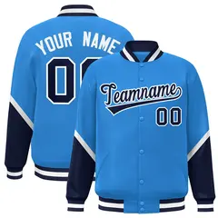 Powder Blue Navy Color Block Varsity Full-Snap Letterman Baseball Jacket