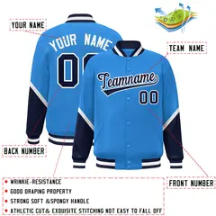 Powder Blue Navy Color Block Varsity Full-Snap Letterman Baseball Jacket 2