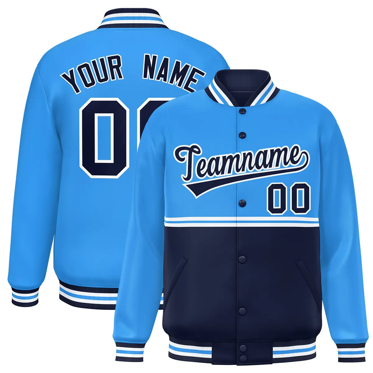 Powder Blue Navy Color Block Varsity Full-Snap Letterman Jacket
