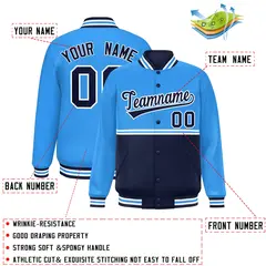 Powder Blue Navy Color Block Varsity Full-Snap Letterman Jacket 2