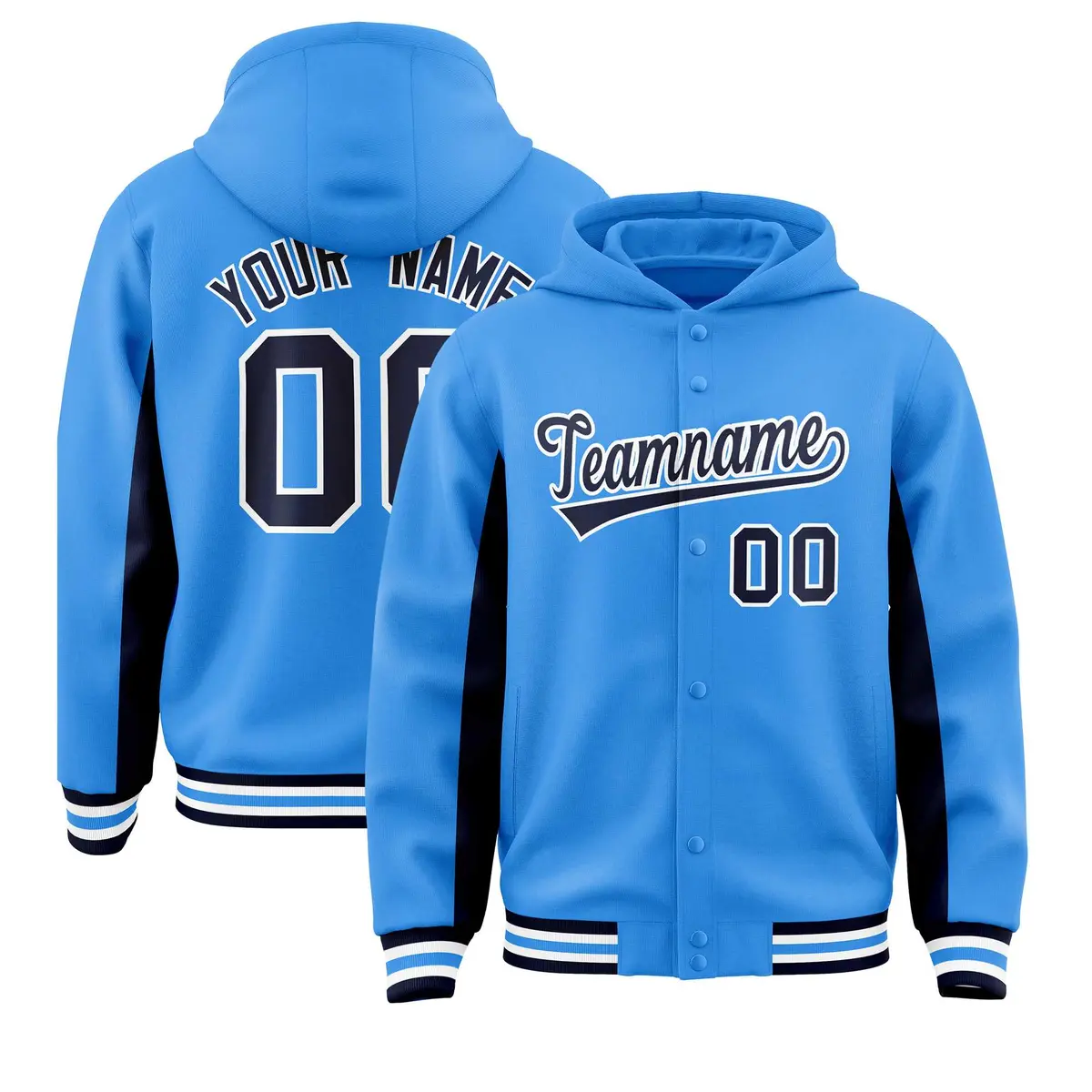 Powder Blue Navy Color Block Varsity Letterman Jacket Hoodie