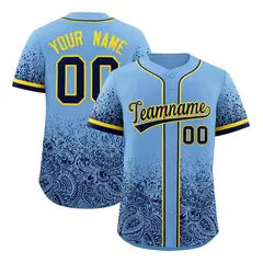 Powder Blue Navy Floral Gradient Full Button Baseball Jersey 1