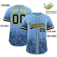 Powder Blue Navy Floral Gradient Full Button Baseball Jersey 2