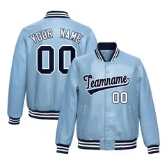 Powder Blue Navy Full-Snap Faux Leather Varsity Letterman Jacket 1
