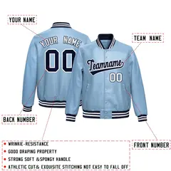 Powder Blue Navy Full-Snap Faux Leather Varsity Letterman Jacket 2