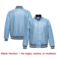 Powder Blue Navy Full-Snap Faux Leather Varsity Letterman Jacket 6