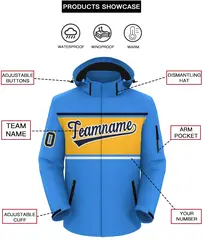 Powder Blue Navy-Gold Color Block Hooded Waterproof Jacket 2