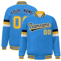 Powder Blue Navy-Gold Color Block Varsity Full-Snap Baseball Jacket 1