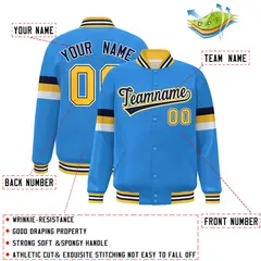 Powder Blue Navy-Gold Color Block Varsity Full-Snap Baseball Jacket 2