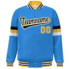 Powder Blue Navy-Gold Color Block Varsity Full-Snap Baseball Jacket 3