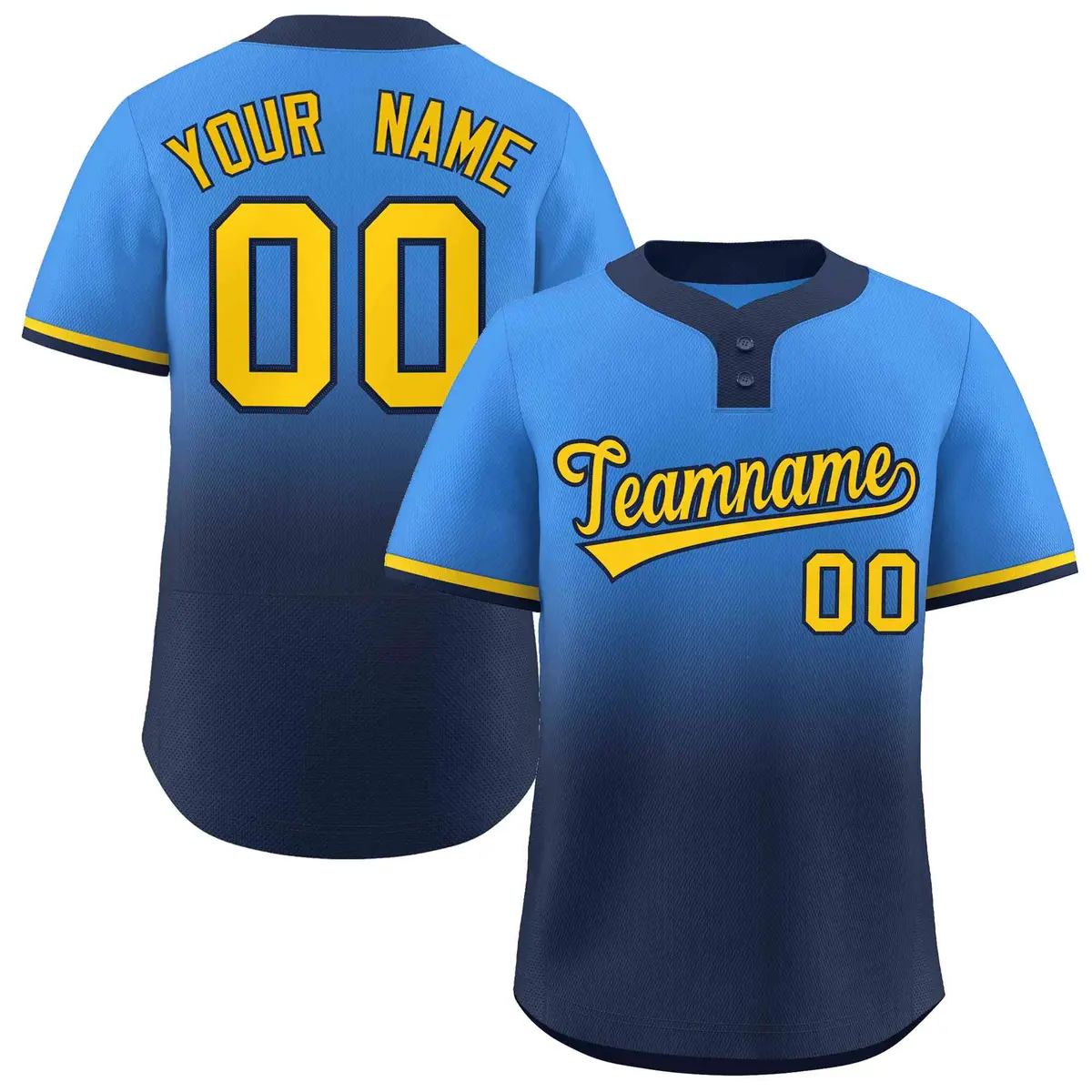 Powder Blue Navy Gold-Navy Gradient Two-Button Softball Jersey
