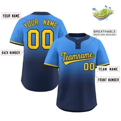 Powder Blue Navy Gold-Navy Gradient Two-Button Softball Jersey 2