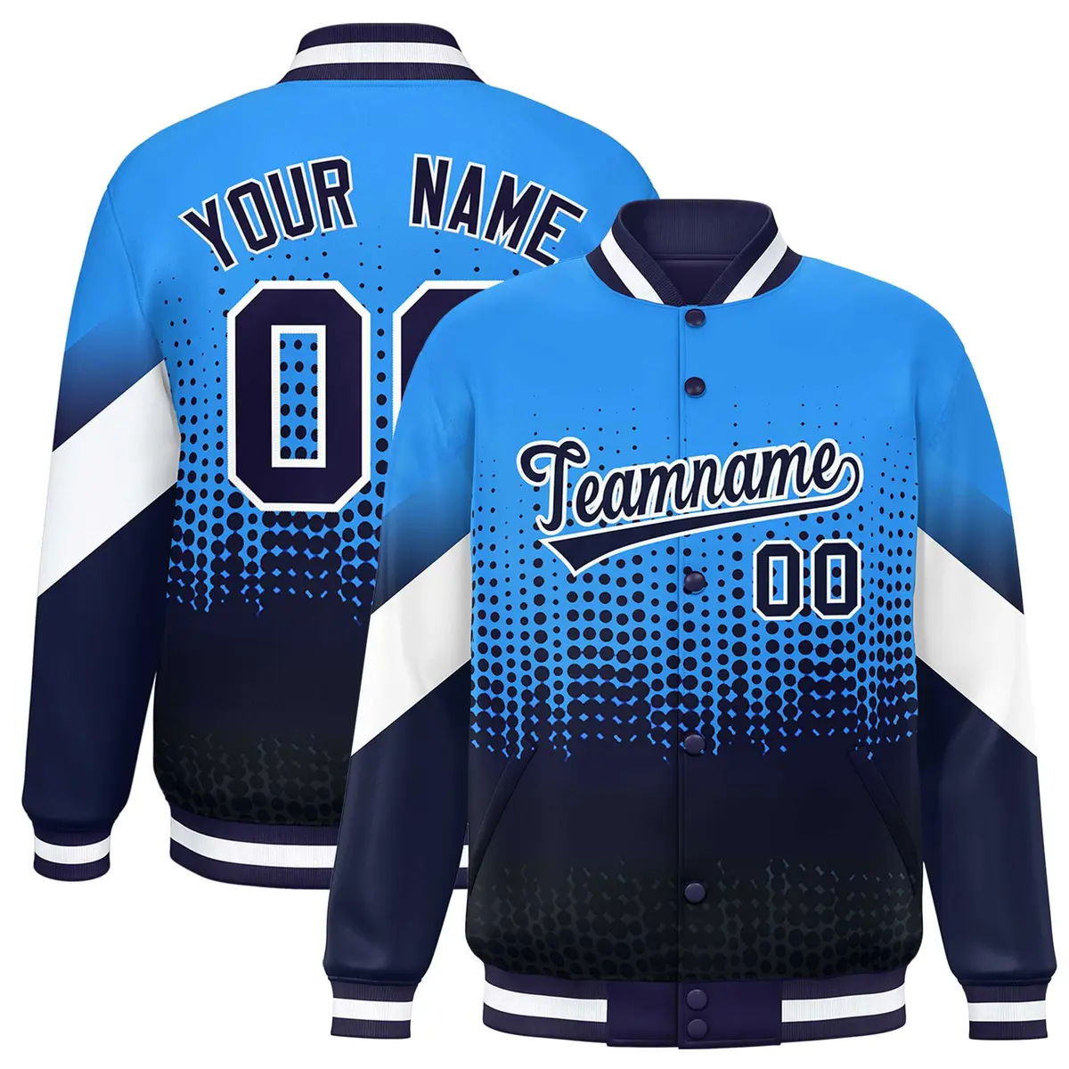 Powder Blue Navy Gradient Polka Dot Full-Snap Letterman Jacket