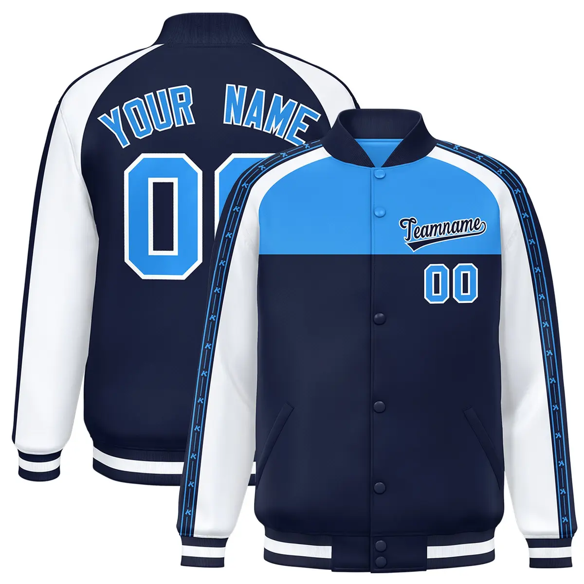 Powder Blue Navy K-Ribbon Raglan Color Block Varsity Letterman Jacket